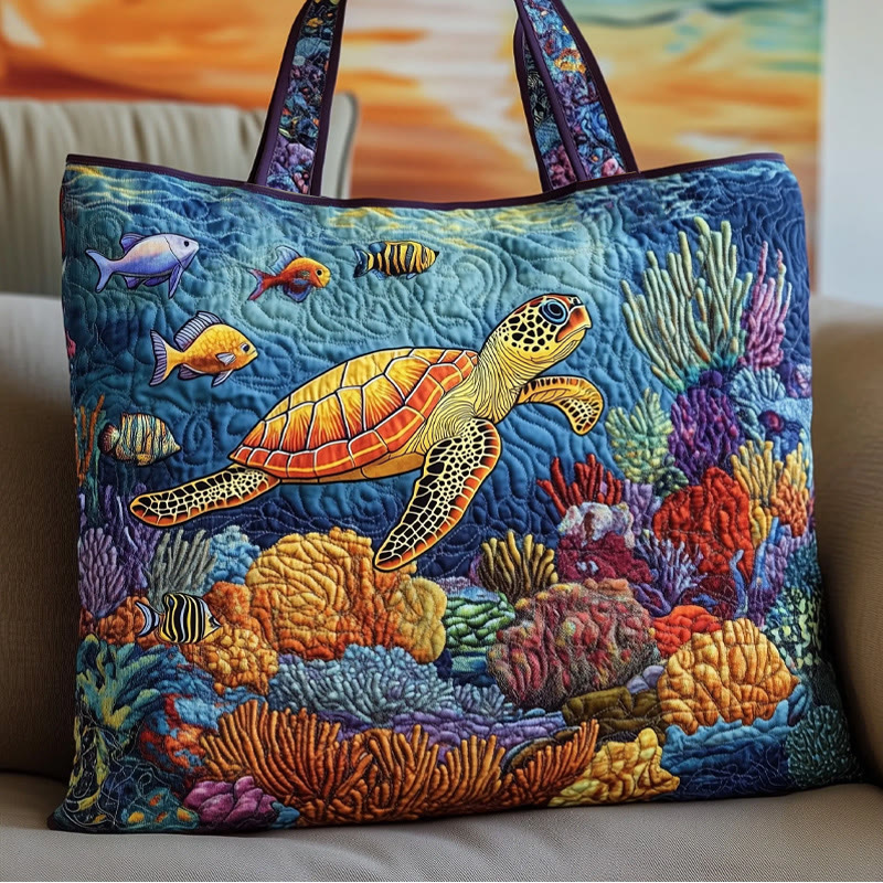 Underwater World Turtle And Coral Pattern Quilted Tote Bag - Multicolor - one size - image 1