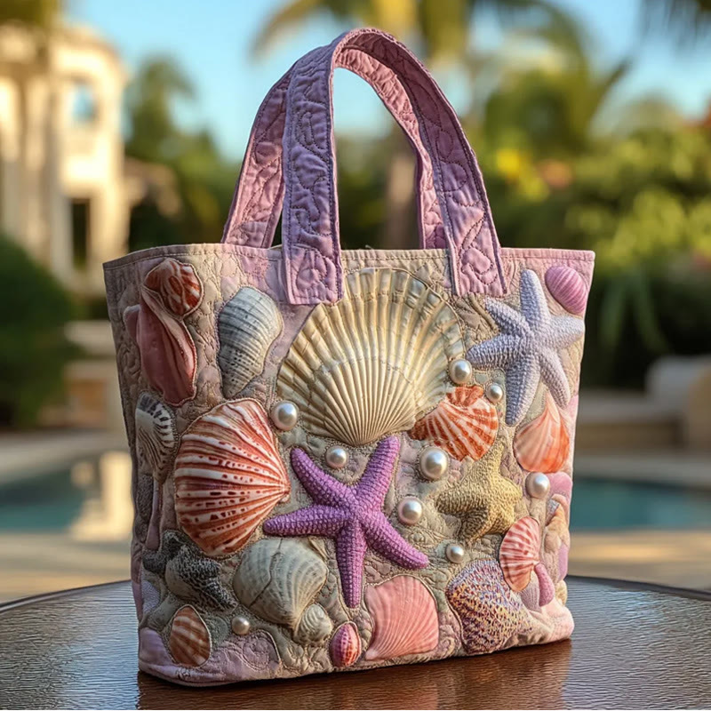 Beach Seashell And Starfish Pattern Quilted Tote Bag - Pink - one size - image 1