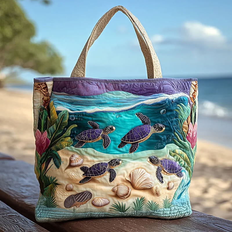 Turtle And Underwater Plant Pattern Quilted Tote Bag - Blue - one size - image 1