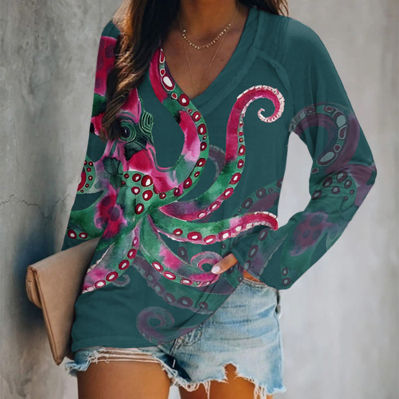 Watercolor Art Octopus Pattern Print V-neck Long Sleeve T-shirt - Army Green - 5XL - image 2