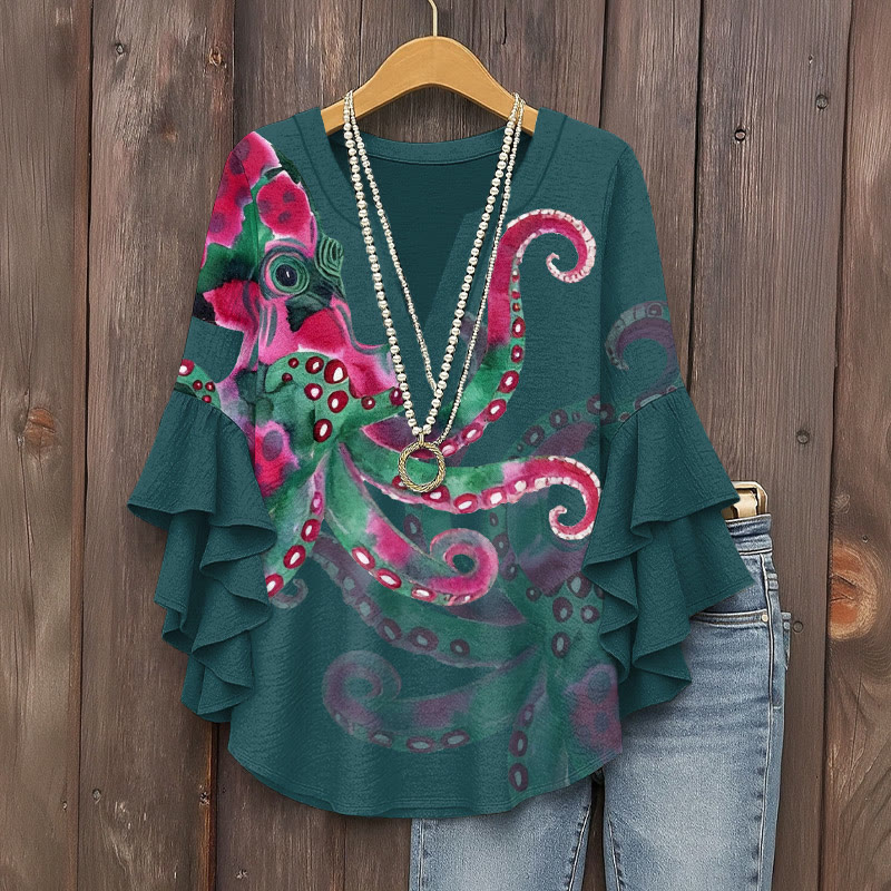 Watercolor Art Octopus Pattern Print V-neck Half Sleeve Blouse - Army Green - 5XL - image 2