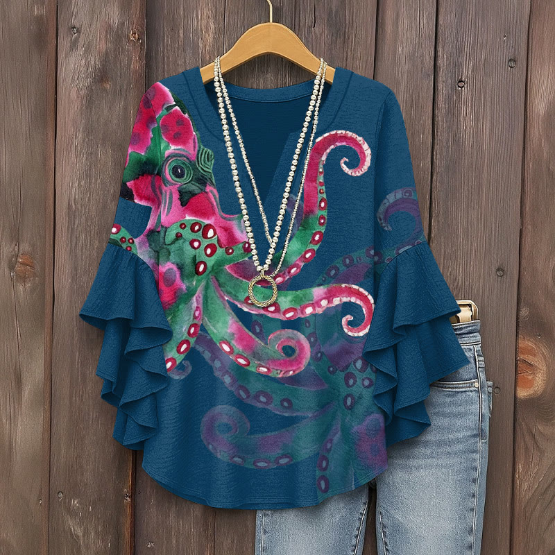 Watercolor Art Octopus Pattern Print V-neck Half Sleeve Blouse - Dark Blue - 5XL - image 1