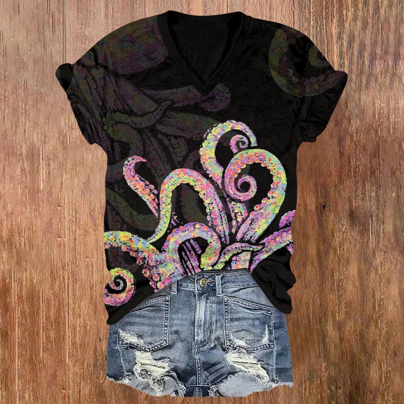 Crayon Ocean Octopus Tentacles Pattern Print Short Sleeved V-neck T-shirt - Black - US32-34(5XL) - image 2