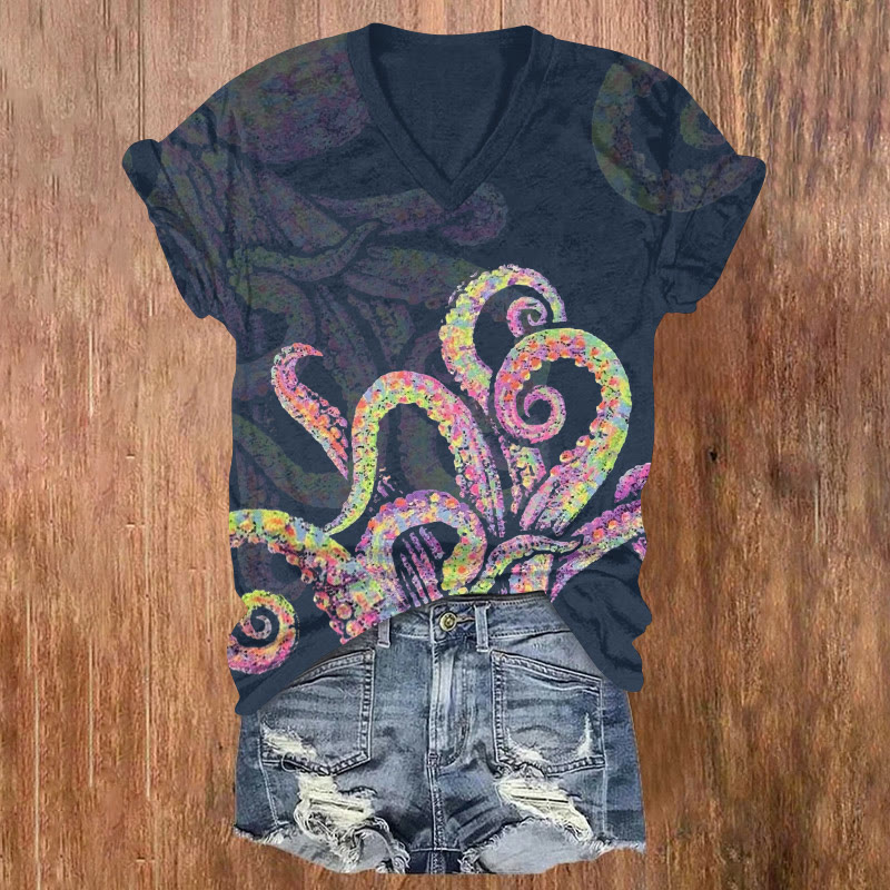 Crayon Ocean Octopus Tentacles Pattern Print Short Sleeved V-neck T-shirt - Dark Blue - US32-34(5XL) - image 1