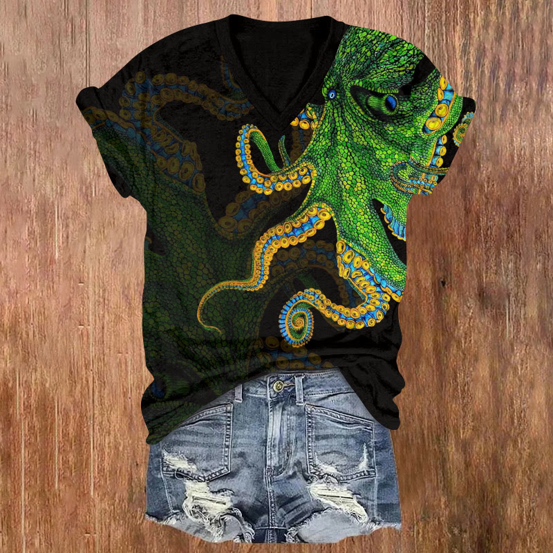 Ocean Octopus Pattern Print Short Sleeved V-neck T-shirt - Black - US32-34(5XL) - image 2