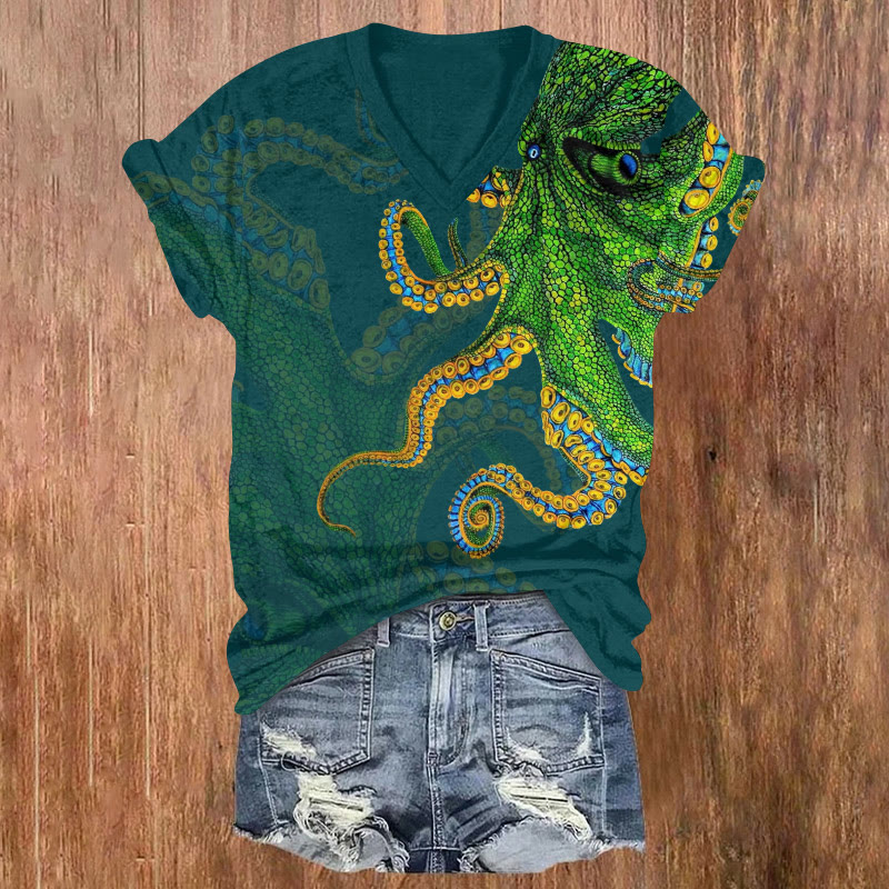Ocean Octopus Pattern Print Short Sleeved V-neck T-shirt - Dark Green - US32-34(5XL) - image 1