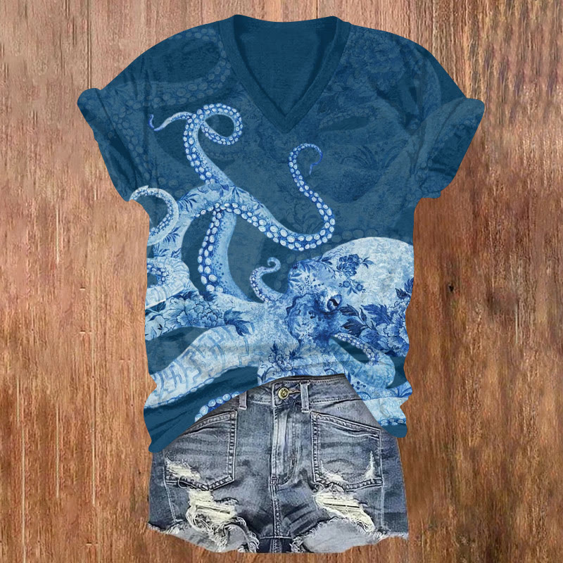 Ocean Blue And White Porcelain Floral Octopus Pattern Print Short Sleeved V-neck T-shirt - Blue - US32-34(5XL) - image 1