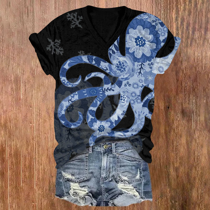 Floral Octopus Art Pattern Print Short Sleeved V-neck T-shirt - Black - US32-34(5XL) - image 2