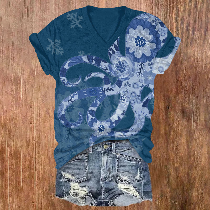 Floral Octopus Art Pattern Print Short Sleeved V-neck T-shirt - Blue - US32-34(5XL) - image 1