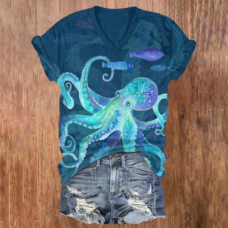 Aurora Watercolor Octopus Art Pattern Print Short Sleeved V-neck T-shirt - Blue - US32-34(5XL) - image 1