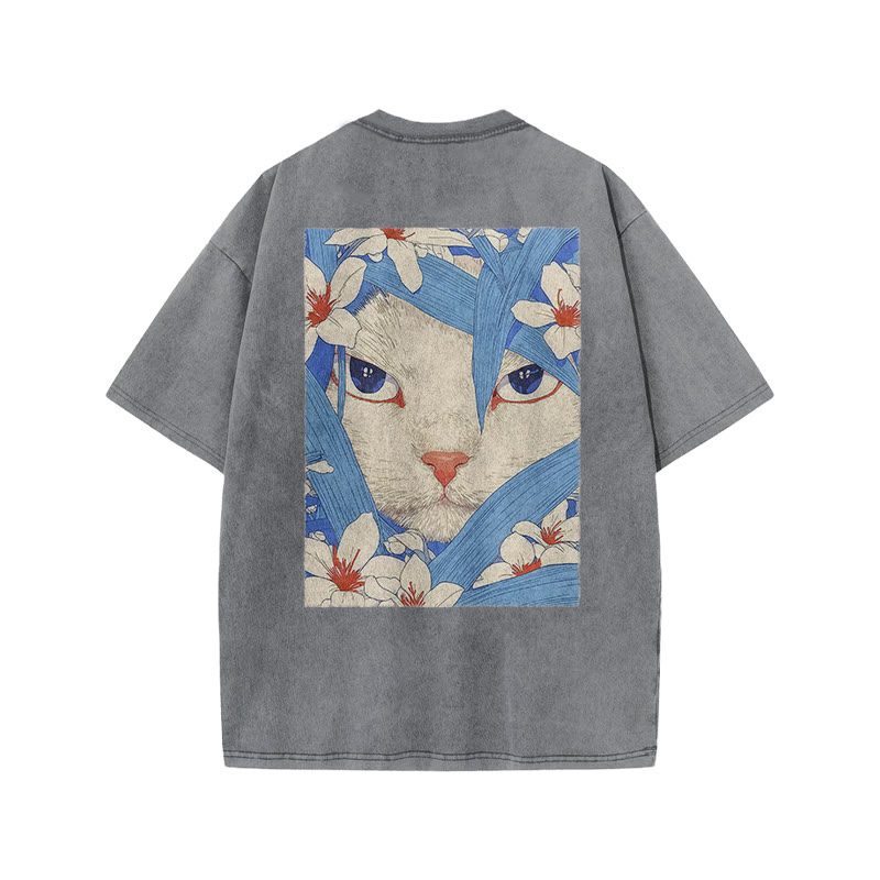 Floral And Cat Art Patterns Print Acid Washed T-shirt - Grey - US20-22(3XL) - image 4