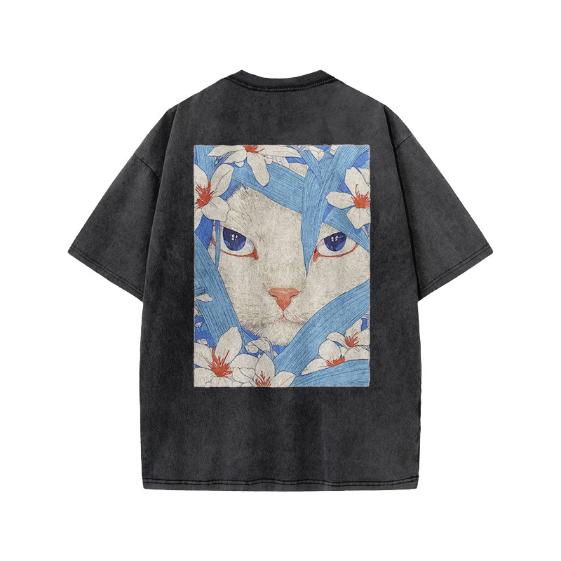 Floral And Cat Art Patterns Print Acid Washed T-shirt - Black - US20-22(3XL) - image 1