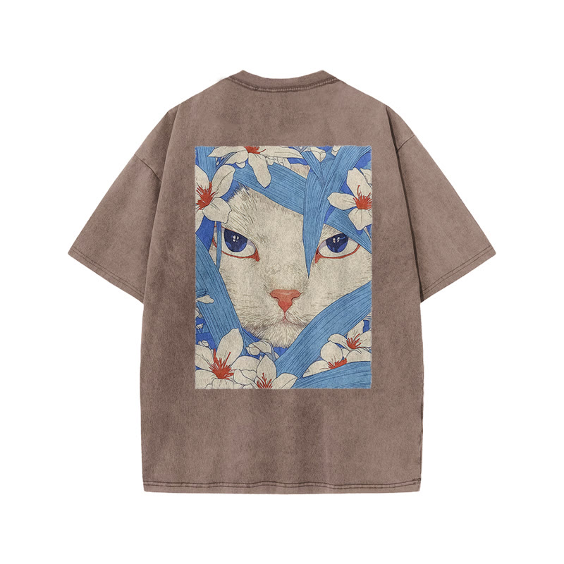 Floral And Cat Art Patterns Print Acid Washed T-shirt - Coffee - US20-22(3XL) - image 3
