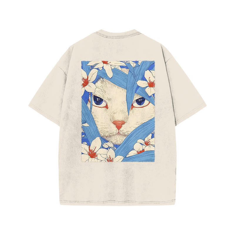 Floral And Cat Art Patterns Print Acid Washed T-shirt - Beige - US20-22(3XL) - image 2