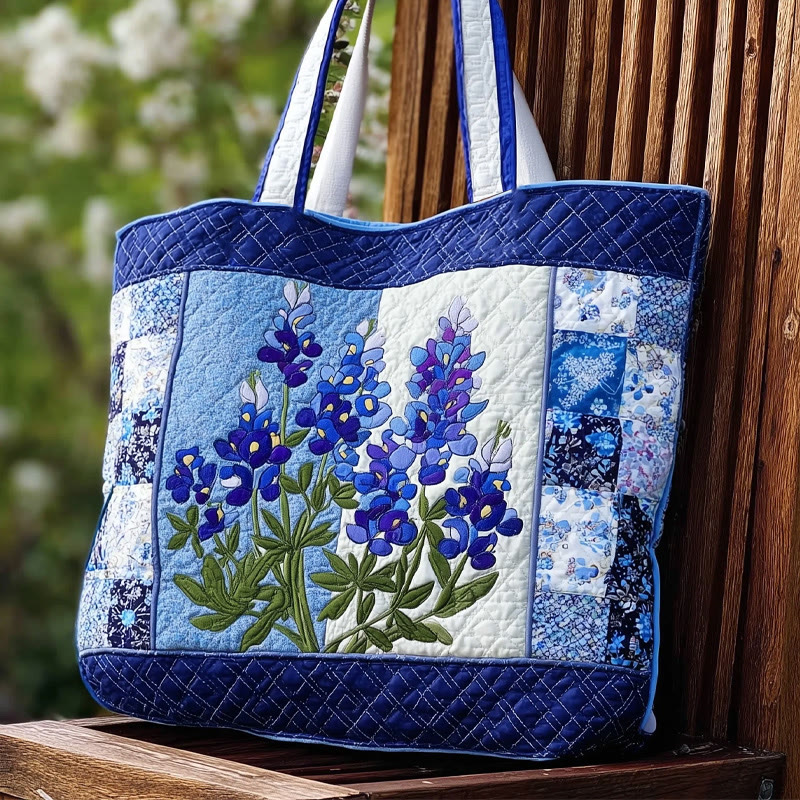 Texas Bluebonnet Floral Patchwork Pattern Quilted Tote Bag - Blue - one size - image 1