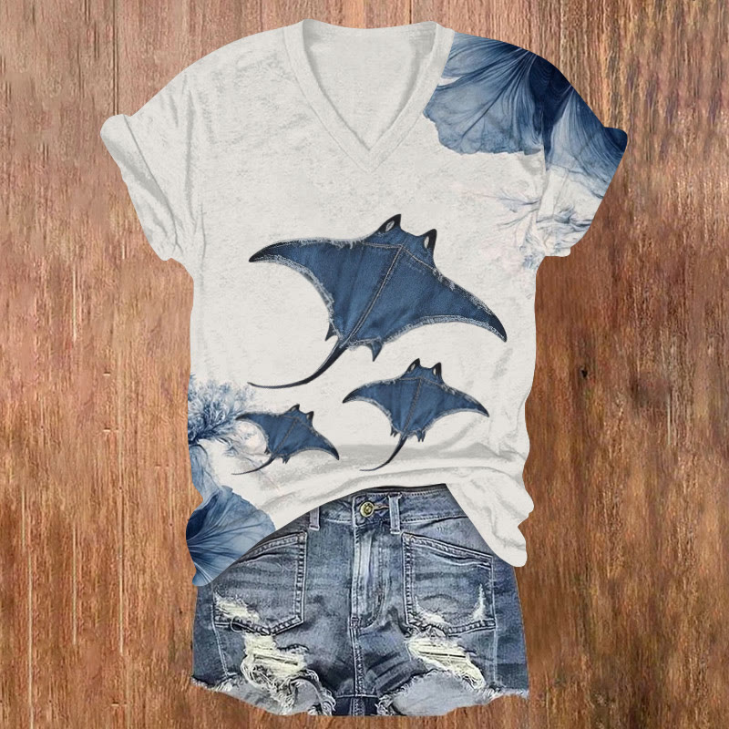 Lovely Ocean Ray Print Short Sleeved V-neck T-shirt - Beige - US32-34(5XL) - image 1