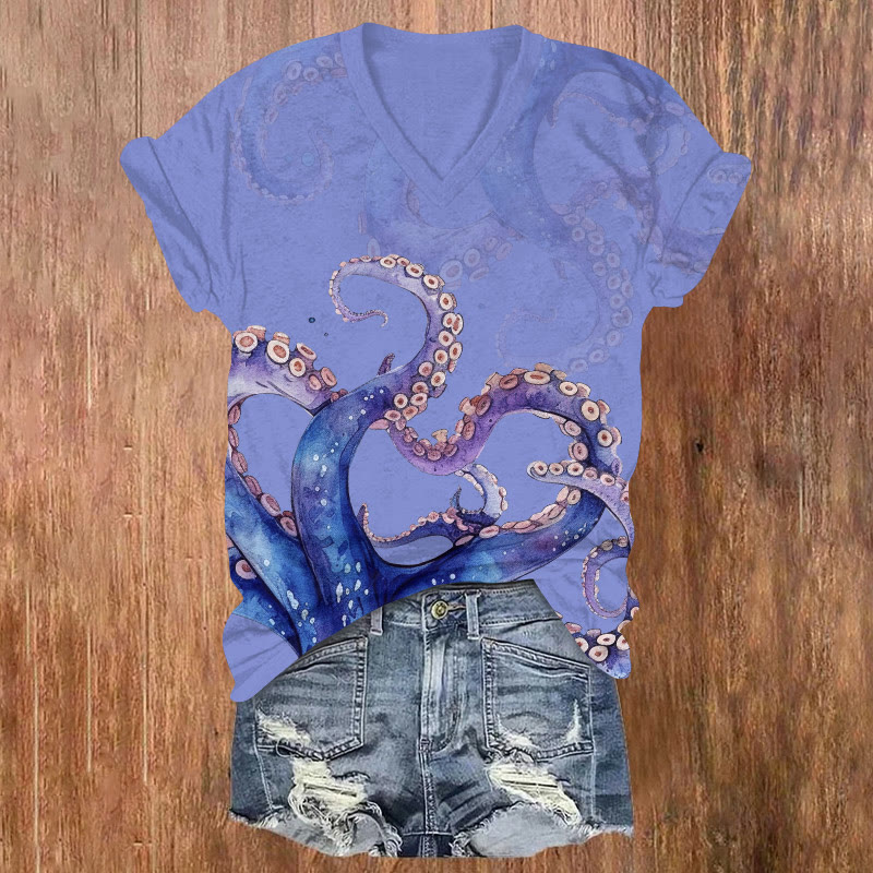 Creative Ombre Octopus Tentacles Art Print Short Sleeved V-neck T-shirt - Purple - US32-34(5XL) - image 2