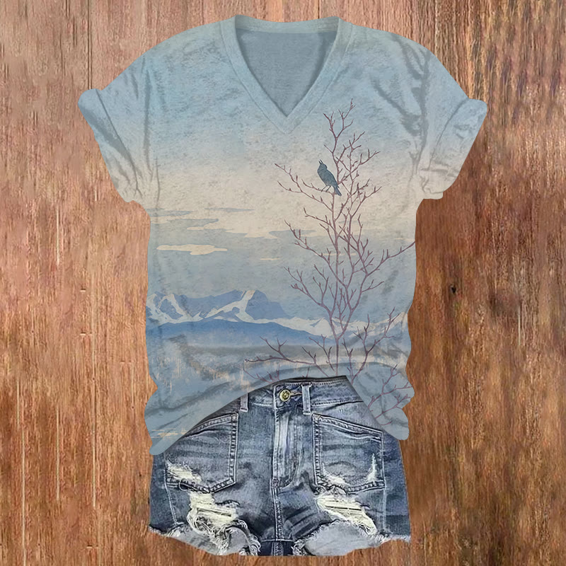 Creative Bird On The Branch Art Print Short Sleeved V-neck T-shirt - Blue - US32-34(5XL) - image 1