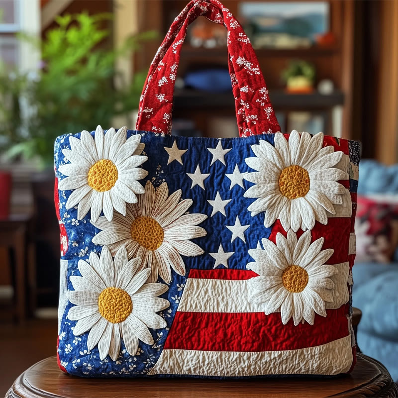 American Independence Day Daisy Flag Pattern Print Quilted Tote Bag - Multicolor - one size - image 1