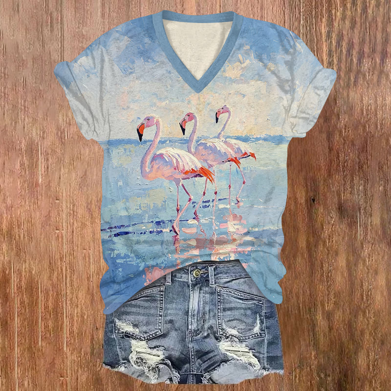 Creative Oil Painting Flamingos Print Short Sleeved V-neck T-shirt - Blue - US32-34(5XL) - image 1