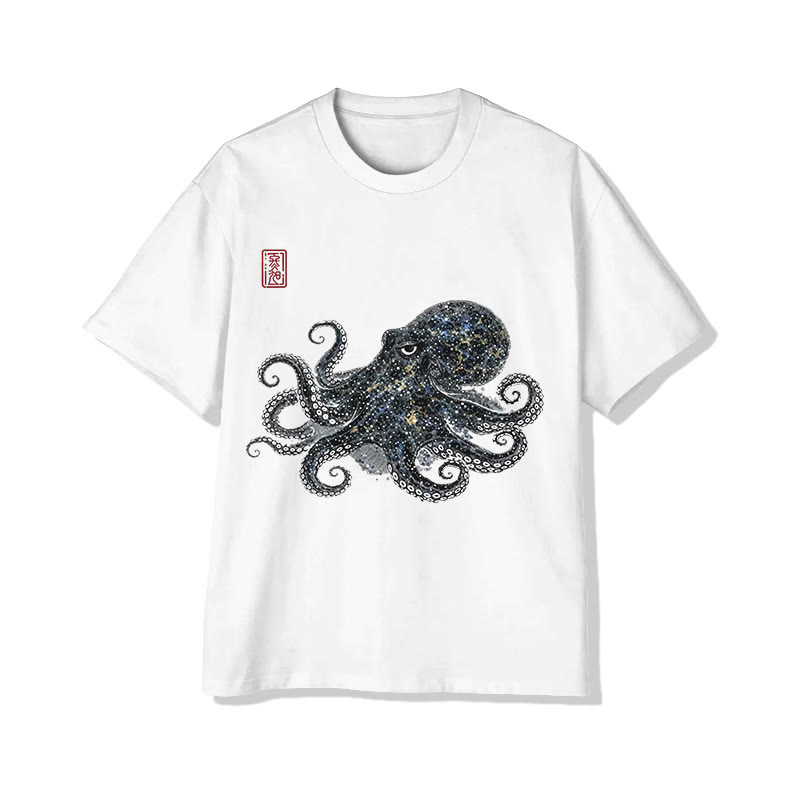 Japanese Creative Blinking Octopus Print Short Sleeved Crew Neck T-shirt - White - 2XL - image 2