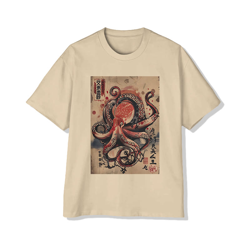 Japanese Art Octopus Pattern Print Short Sleeved Crew Neck T-shirt - Apricot - 2XL - image 2