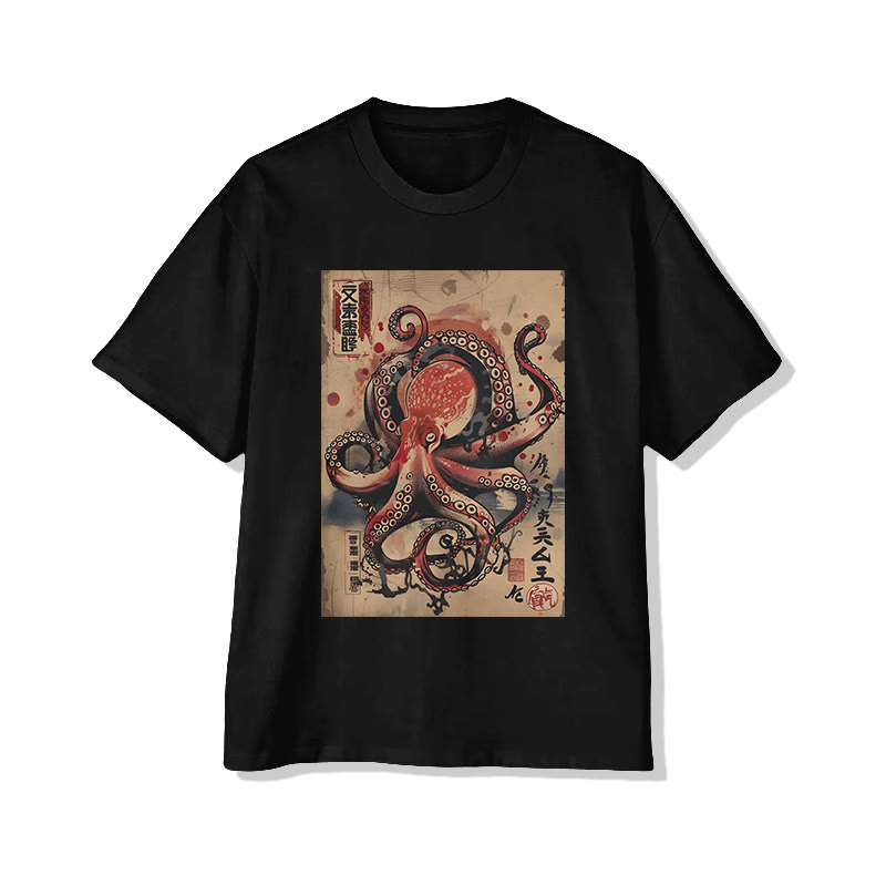 Japanese Art Octopus Pattern Print Short Sleeved Crew Neck T-shirt - Black - 2XL - image 1