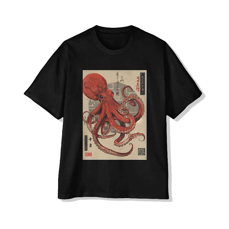 Japanese Vintage Red Octopus Print Short Sleeved Crew Neck T-shirt - Black - 2XL - image 2