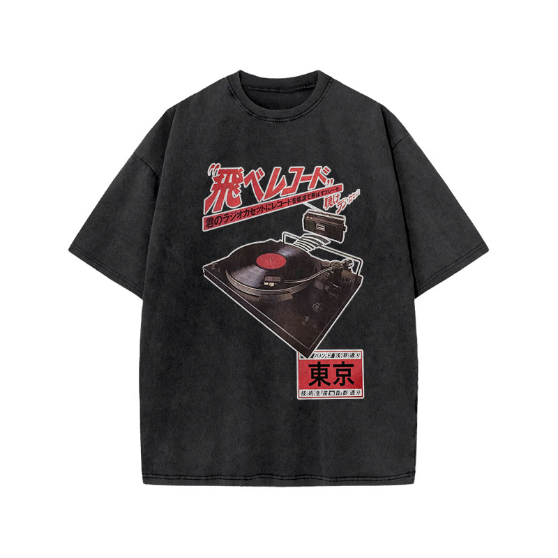 Vintage Japanese Phonograph Print Acid Washed T-shirt - Black - US20-22(3XL) - image 2