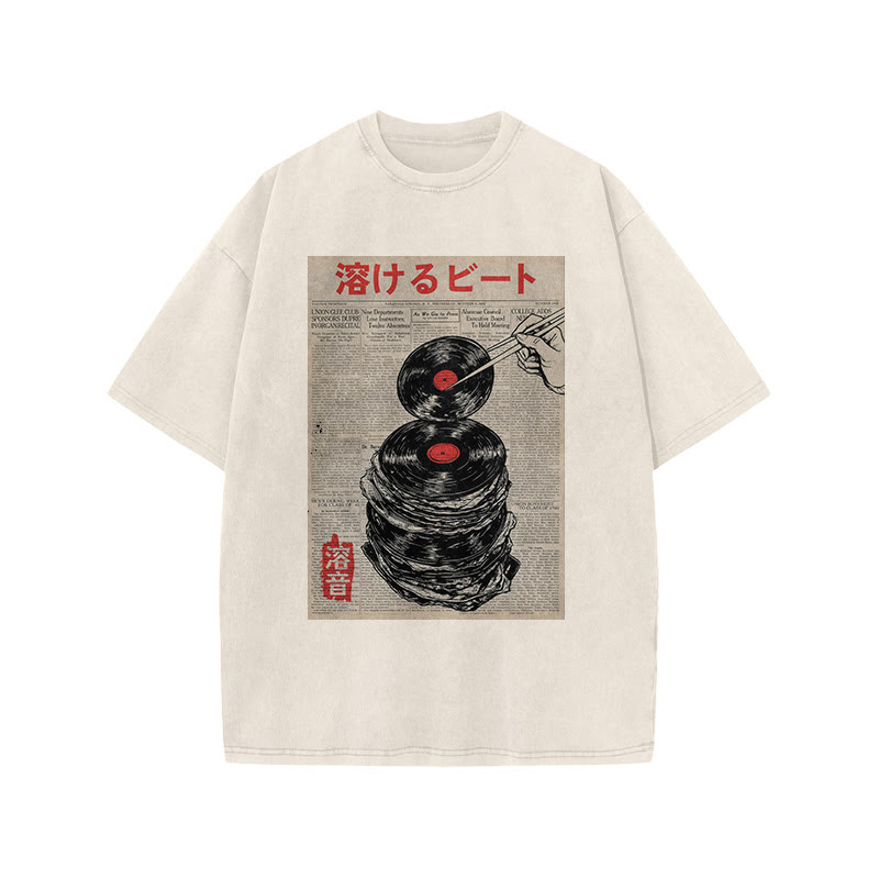 Japanese Retro Vinyl Records Pattern Print Acid Washed T-shirt - Beige - US20-22(3XL) - image 2