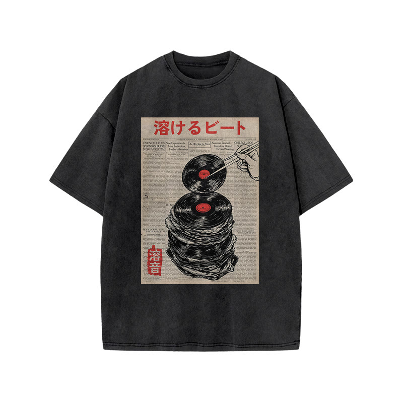 Japanese Retro Vinyl Records Pattern Print Acid Washed T-shirt - Black - US20-22(3XL) - image 1
