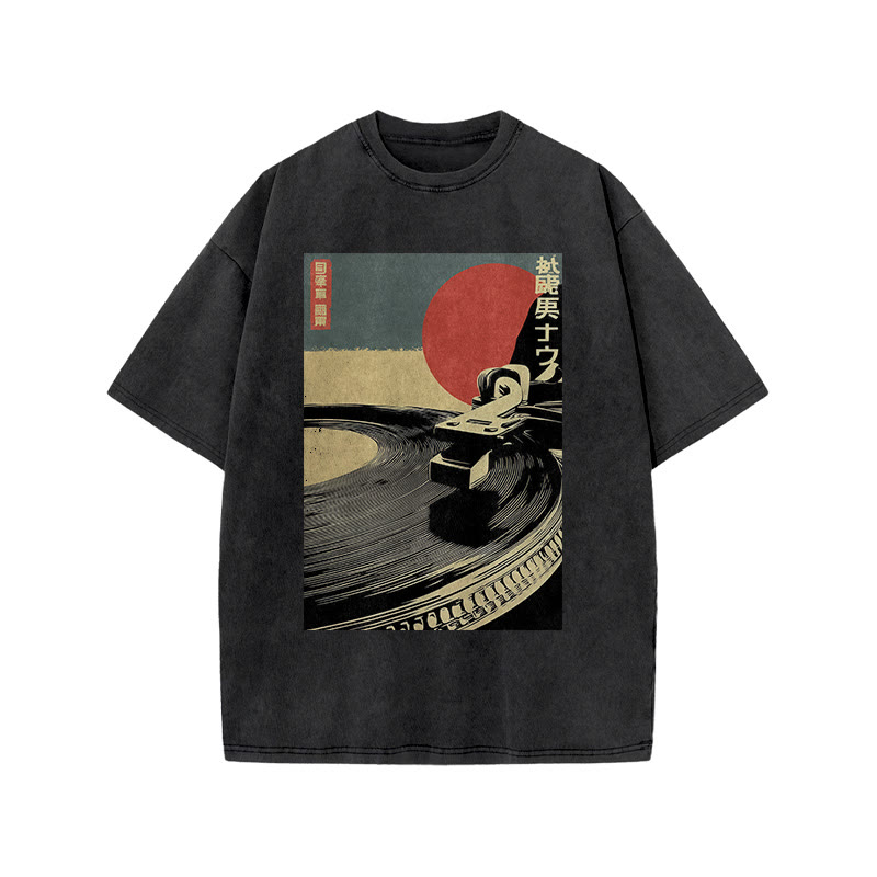 Japanese Vintage Turntable Art Print Acid Washed T-shirt - Black - US20-22(3XL) - image 1
