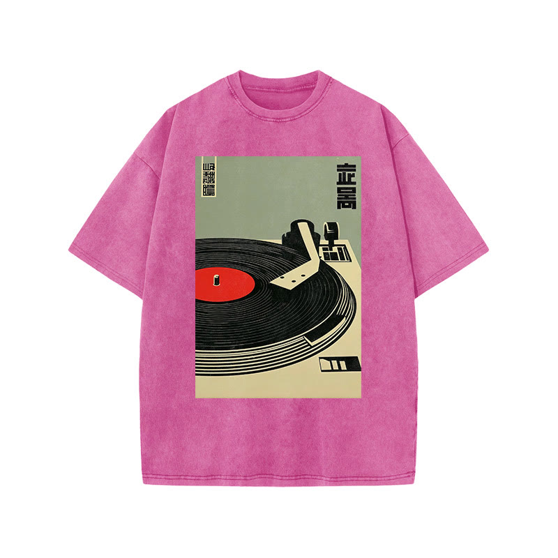 Japanese Broadcasting Turntable Art Print Acid Washed T-shirt - Pink - US20-22(3XL) - image 7