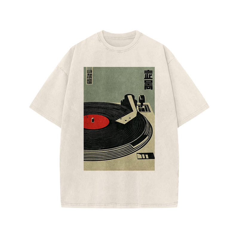 Japanese Broadcasting Turntable Art Print Acid Washed T-shirt - Beige - US20-22(3XL) - image 1