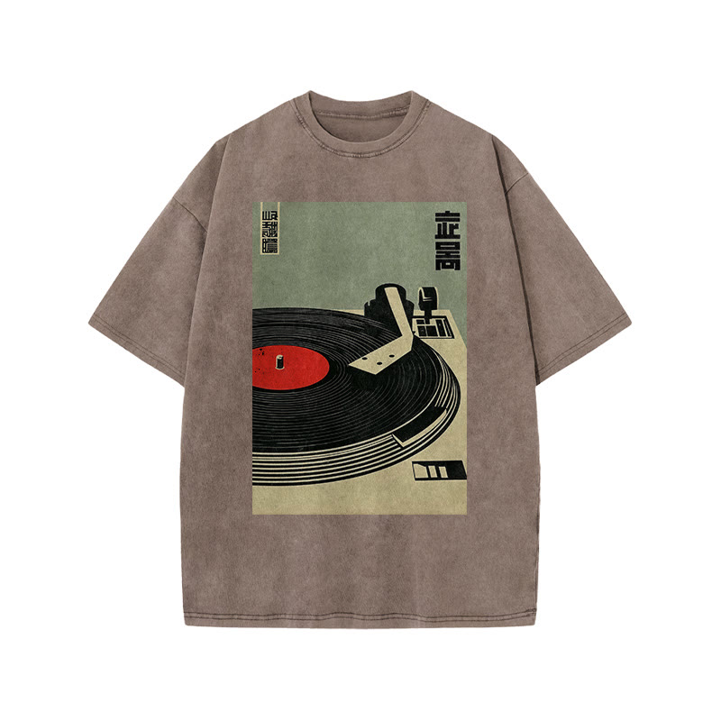Japanese Broadcasting Turntable Art Print Acid Washed T-shirt - Coffee - US20-22(3XL) - image 3