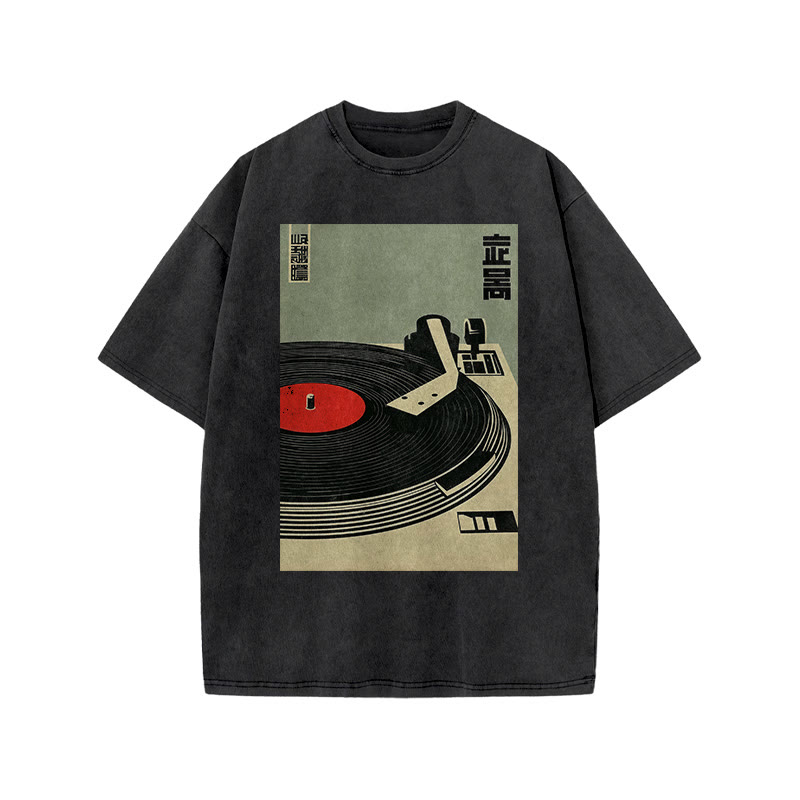 Japanese Broadcasting Turntable Art Print Acid Washed T-shirt - Black - US20-22(3XL) - image 2