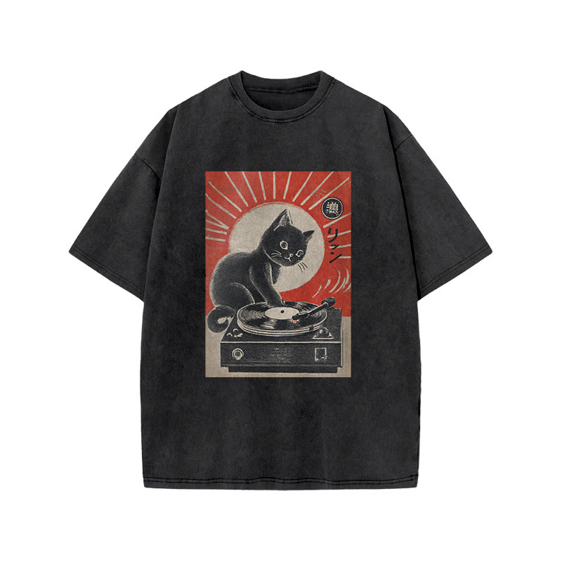 Japanese Black Cat Playing The Turntable Print Acid Washed T-shirt - Black - US20-22(3XL) - image 2