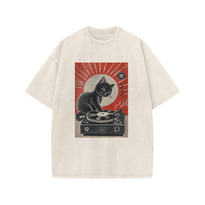 Japanese Black Cat Playing The Turntable Print Acid Washed T-shirt - Beige - US20-22(3XL) - image 1