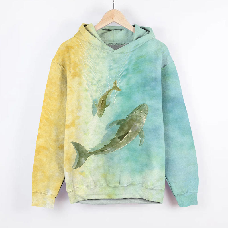 Ocean Dream Whale Art Print Long Sleeve Hoodie - Green - US44-46(8XL) - image 2