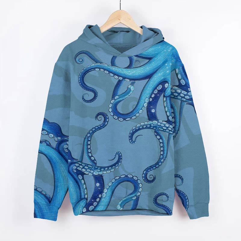 Octopus Tentacles Art Print Long Sleeve Hoodie - Blue - US44-46(8XL) - image 2