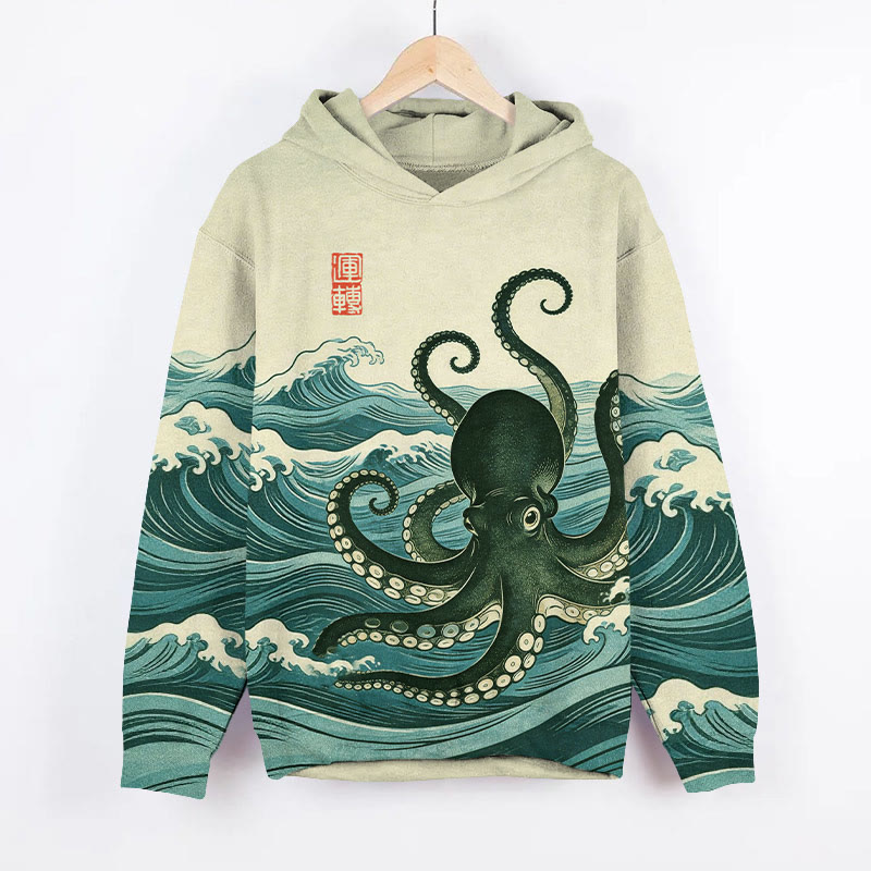 Japanese Retro Wave Octopus Art Print Long Sleeve Hoodie - Green - US44-46(8XL) - image 2