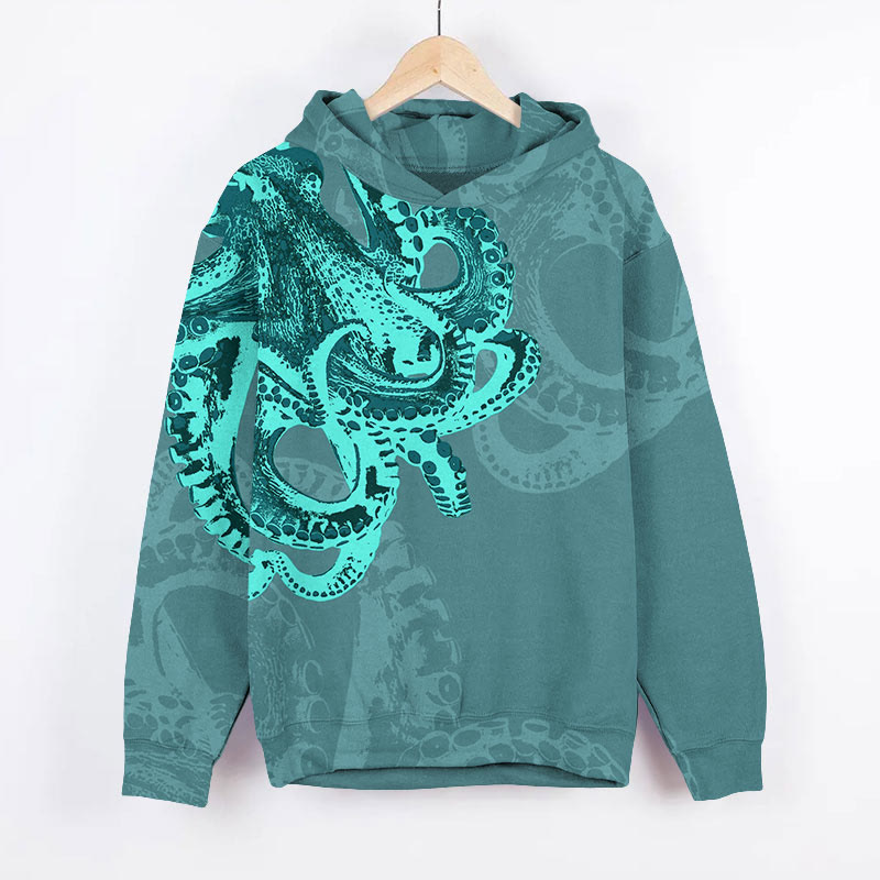 Fluorescent Octopus Art Print Long Sleeve Hoodie - Green - US44-46(8XL) - image 2