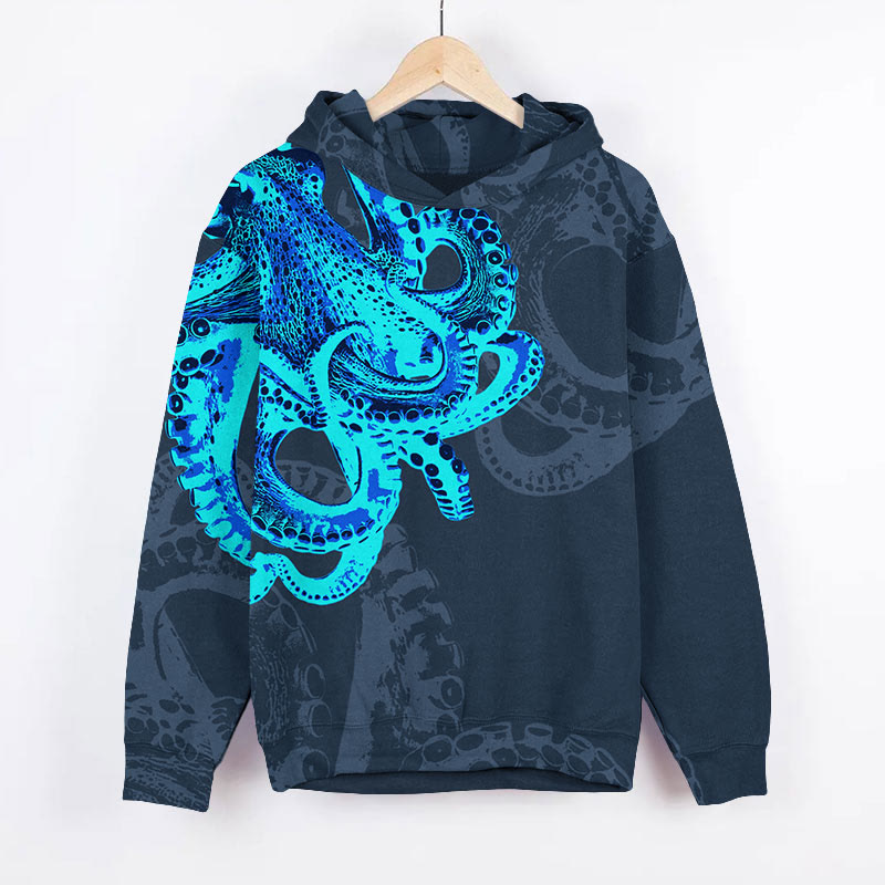 Fluorescent Octopus Art Print Long Sleeve Hoodie - Blue - US44-46(8XL) - image 1