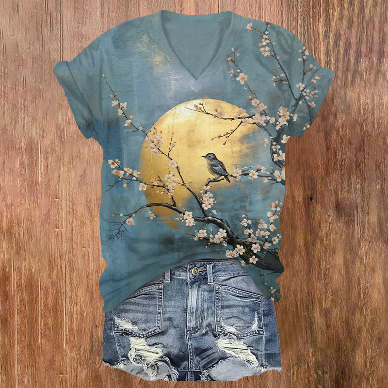 Japanese Retro Golden Moon Flower And Bird Art Pattern Print Short Sleeved V-neck T-shirt - Blue - US32-34(5XL) - image 1