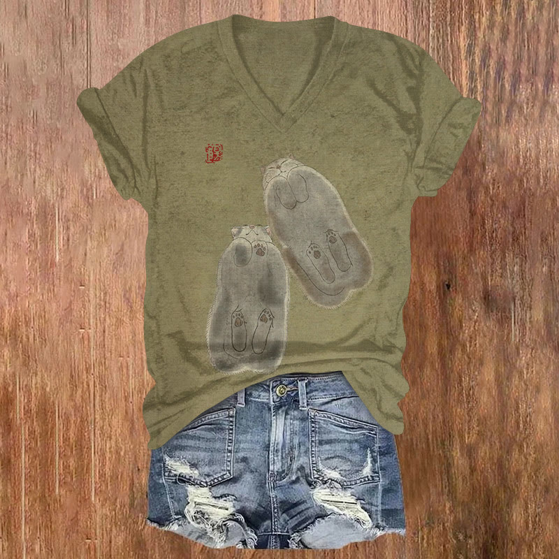 Japanese Cute Cats Bottom View Art Pattern Print Short Sleeved V-neck T-shirt - Green - US32-34(5XL) - image 1