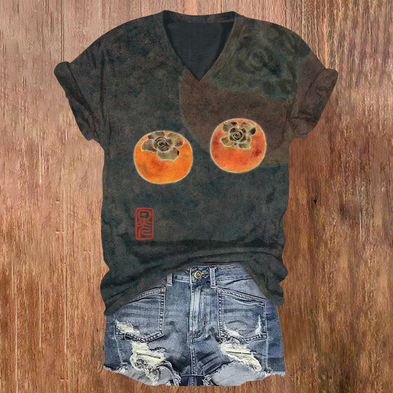 Japanese Funny New Year Persimmons Art Pattern Print Short Sleeved V-neck T-shirt - Black - US32-34(5XL) - image 1