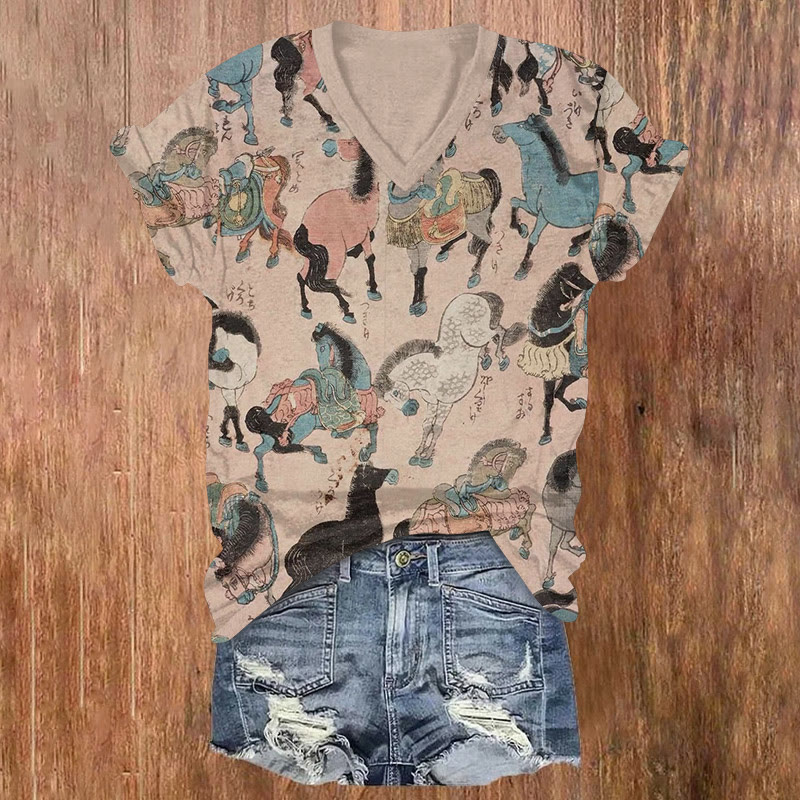 Japanese Classic Retro Year Of The Horse Ukiyo-e Art Pattern Print Short Sleeved V-neck T-shirt - Apricot - US32-34(5XL) - image 1