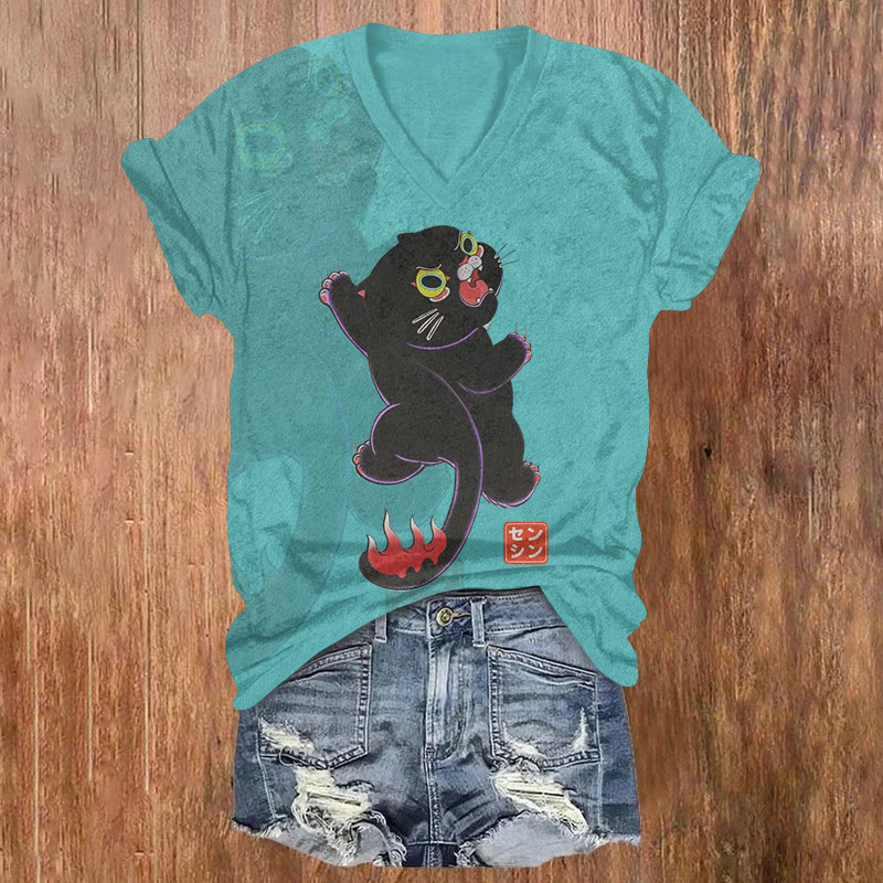 Japanese Cute Fire-tailed Black Cat Art Pattern Print Short Sleeved V-neck T-shirt - Lake Blue - US32-34(5XL) - image 1
