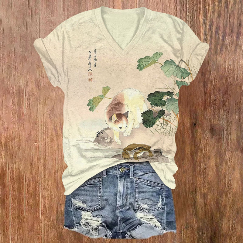 Japanese Retro Cat And Frog Pattern Print Short Sleeved V-neck T-shirt - Apricot - US32-34(5XL) - image 1