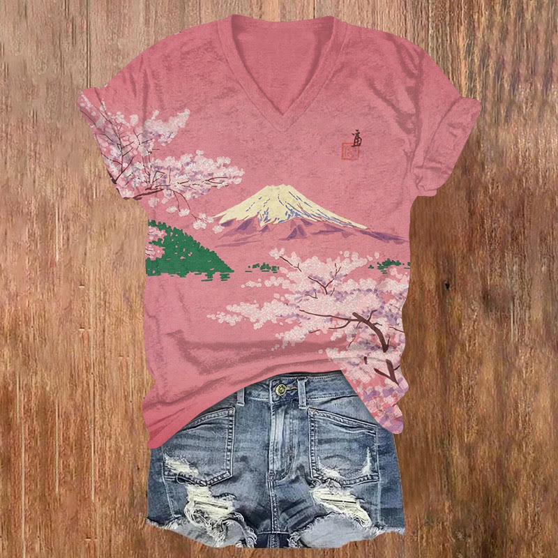Japanese Retro Mt. Fuji Cherry Blossoms Pattern Print Short Sleeved V-neck T-shirt - Pink - US32-34(5XL) - image 1